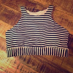 Athleta t-strap navy and white striped sports bra